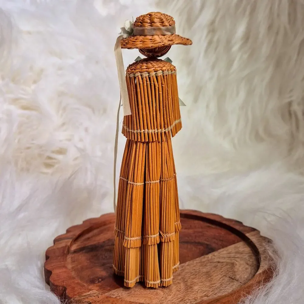 Straw Doll Figurine Woman in Dress Hat Shawl Hand Painted Folk Art Decor